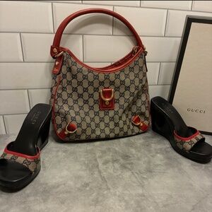 Authentic Gucci, wedge slides, and matching Gucci purse
